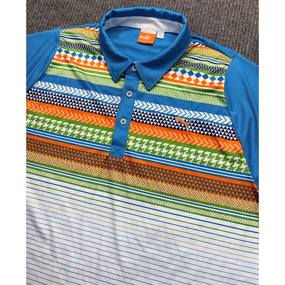 Puma Golf Polo Shirt Mens XL Blue Orange Geometric Stripe Sportlifestyle Mesh